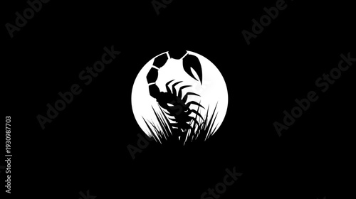Black and white illustration of a scorpion inside a white circle against a black background