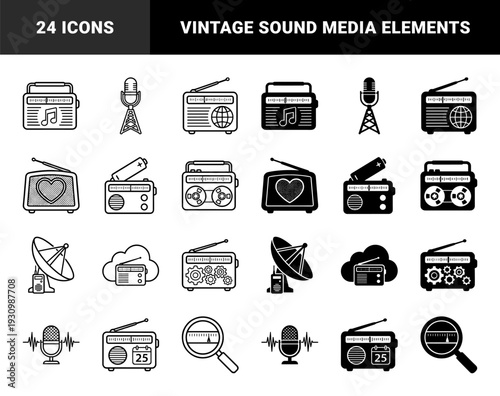 Broadcast and radio hybrid symbols featuring vintage receivers merged with battery power cloud storage gear cogs heart and calendar elements