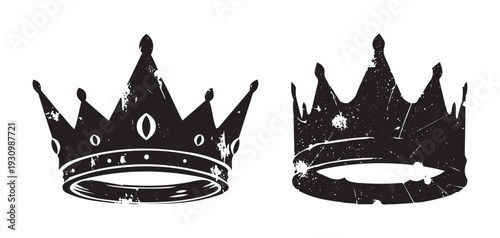 Set of two distressed black royal crown silhouettes with grunge texture for vintage apparel design