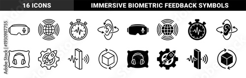 Hybrid sensory technology and immersive audio visual perception symbols featuring spatial sound waves biometric pulse tracking and virtual reality integration in outline and solid styles