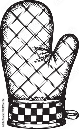 Vintage oven mitt drawing, kitchen accessory for cooking and baking, thermal protection for hot pots and pans, graphic line art illustration