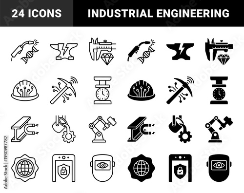 Heavy industry and smart manufacturing symbols featuring hybrid designs of welding tools dna strands robotic arms and metallurgy equipment with outline and solid styles