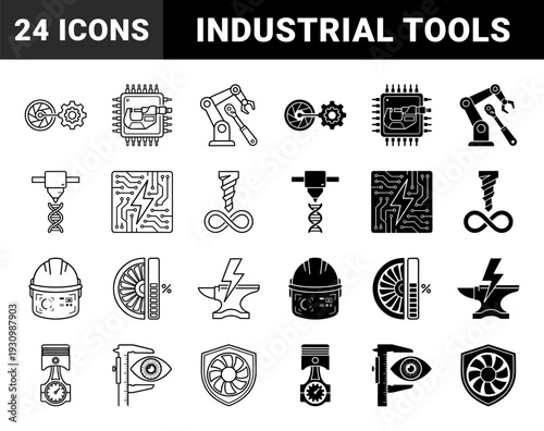 Industrial engineering and manufacturing icons featuring hybrid mechanical symbols like gear cameras dna nozzles and bolt circuit boards in outline and solid styles