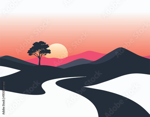 Sunset landscape with mountains and trees in nature silhouette