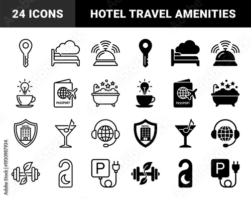 Hybrid hospitality and travel services icons combining hotel amenities with lifestyle symbols featuring stroke and solid versions for boutique accommodation branding