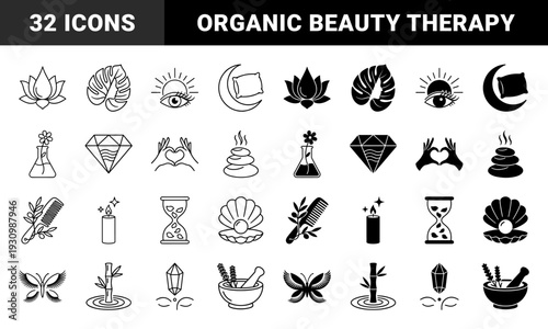Wellness and holistic beauty hybrid icons merging organic nature elements with spa therapy symbols featuring lotus moon bamboo and crystal designs