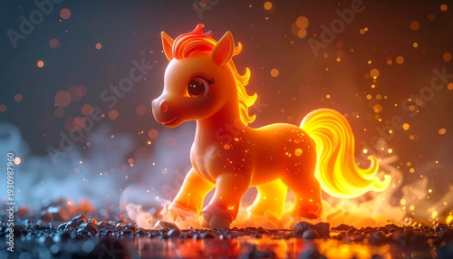 Fiery Pony Toy - A Magical Creature Amidst Flames and Sparks.