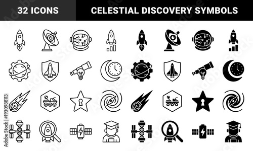 Linear and solid space exploration hybrid icons merging astronomical symbols with conceptual metaphors like telescope lightbulbs and orbital gears