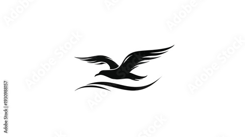 A stylized black illustration of a seagull in flight above a wavy line, on a white background