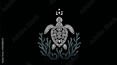 White line art image of turtle with detailed shell and water spurts, surrounded by coral