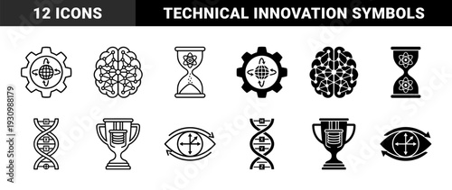 Hybrid conceptual science and engineering symbols featuring globe gear brain neural network hourglass atom dna helix trophy and ocular coordinate eye