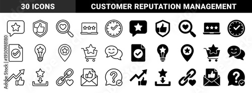Hybrid customer feedback and reputation management symbols merging rating stars with speech bubbles shopping carts and location pins in outline and solid styles