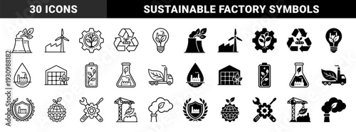 Sustainable industrial manufacturing and green energy production icons featuring hybrid plant and factory symbols for eco friendly corporate branding