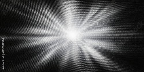 An abstract black and white design features a dark textured pattern with motion blur and a glowing vortex of fractal light energy for a modern 3D wallpaper illustration