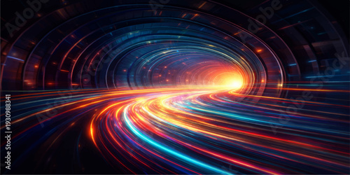 A glowing abstract tunnel of light features a fiery orange and red spiral pattern with a motion wave design of fractal energy and swirling textures against a black space backdrop