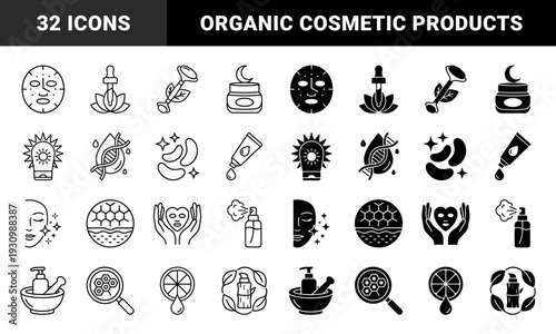 Skincare product icons featuring organic botanical elements merged with scientific formulas in a minimalist line and solid hybrid style for beauty branding
