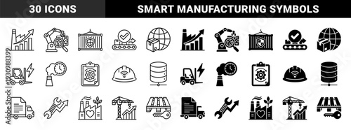 Industrial logistics and smart manufacturing icons featuring hybrid concepts like factory growth charts robotic quality control and green energy production