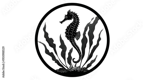 An ink-wash style illustration of a seahorse within a circular frame, amidst seaweed