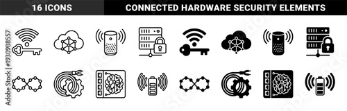 Monochrome hybrid cybersecurity and smart network icons featuring encrypted cloud data infrastructure with integrated hardware and wireless connectivity symbols