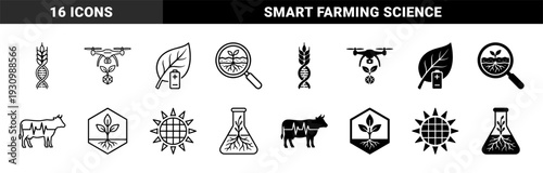 Agricultural technology and biotechnology symbols merging plant biology with scientific innovation including dna grain and drone farming icons