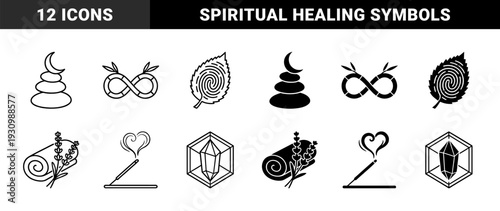 Minimalist holistic wellness hybrid symbols featuring zen stone moon stacks bamboo infinity loops fingerprint leaf patterns and crystal geometry in outline and solid styles