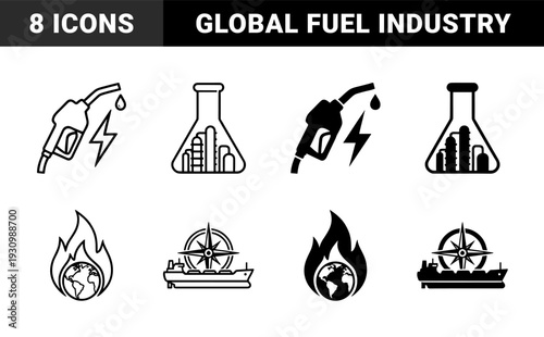 Hybrid energy and global logistics icons featuring fuel nozzles with lightning bolts chemical flasks with refineries burning earth and cargo ships with compasses