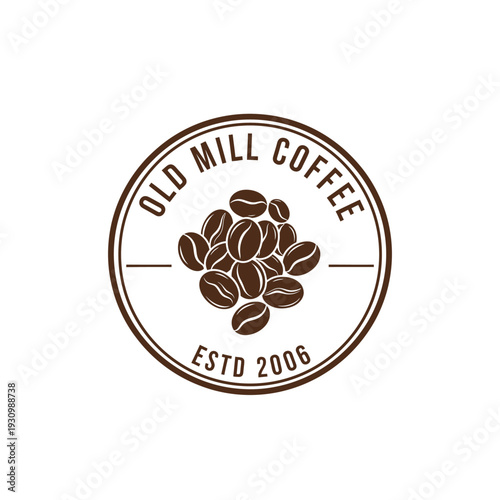 Circular badge with roasted bean pile for vintage cafe branding logo Old Mill Coffee