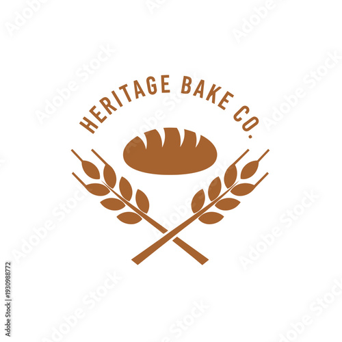 Bread loaf with crossed wheat stalks icon for artisan bakery shop logo Heritage Bake Co