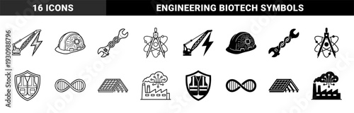 Industrial Engineering and Biotechnology Hybrid Symbols Featuring Crane Lightning Bolts DNA Wrench Tools and Circuit Board Hard Hats in Outline and Solid