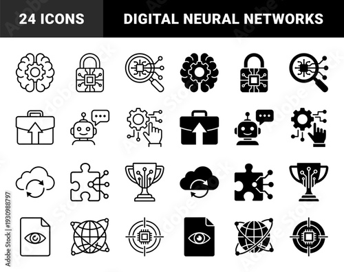 Artificial intelligence hybrid icons featuring neural brain gears circuit locks robotic chat bubbles and data analytics search magnifying glass in dual line and solid style