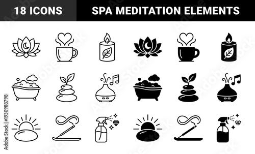Zen wellness hybrid icon set featuring lotus moon fusion tea heart steam and aromatic candle flame leaf design in outline and solid styles