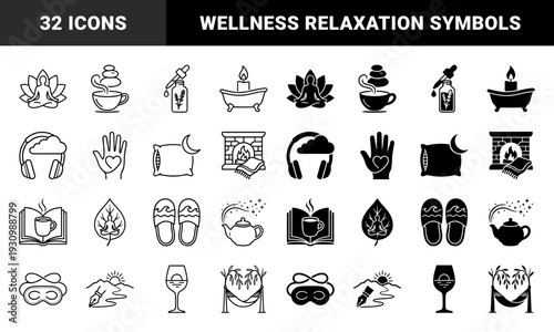 Wellness and Mindfulness Hybrid Icons Featuring Meditating Figures Integrated into Lotus Leaves and Cozy Elements Like Tea Cups and Fireplaces
