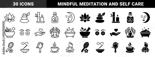 Wellness and Holistic Spa Therapy Line and Solid Hybrid Symbols Featuring Lotus Flowers Zen Stones Herbal Medicine and Meditating Figures