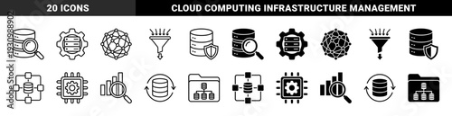 Data infrastructure and cloud computing hybrid icons featuring database storage synchronized with processing gear and analytical magnifier symbols in outline and solid styles