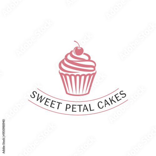 Pink cupcake icon with cherry for bakery or dessert shop logo Sweet Petal Cakes