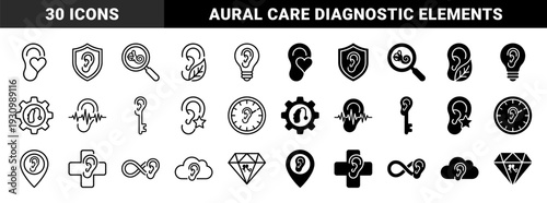 Hybrid ear icons merging human hearing with medical and lifestyle symbols like heart leaf shield clock and magnifying glass in line and solid style