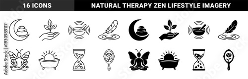 Wellness and spiritual hybrid icon collection featuring moon zen stones plant growth hand singing bowl feather ripple butterfly meditation and sun bath
