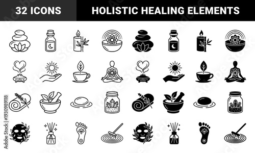 Wellness and Mindfulness Hybrid Symbols Featuring Zen Stones Lotus Moon Bottles Candle Bamboo Sun Hands Incense Heart Yoga Meditation Figure and Spa Elements