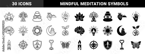 Mindfulness and spiritual growth symbols featuring hybrid designs of meditating figures merged with nature elements lotus flowers and cosmic geometry