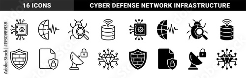 Hybrid cybersecurity and data protection icons featuring integrated circuitry vault bug magnifying glass firewall shield and encrypted satellite communication symbols