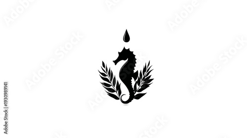 A seahorse silhouette enclosed in a laurel wreath, with a water droplet above. Monochrome design