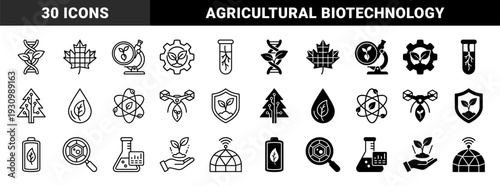 Biotechnology and agritech hybrid symbols featuring DNA plant mergers laboratory equipment and sustainable energy concepts in line and solid styles