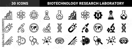 Biotechnology and medical research symbols featuring hybrid combinations of dna strands laboratory glassware surgical tools and scientific data