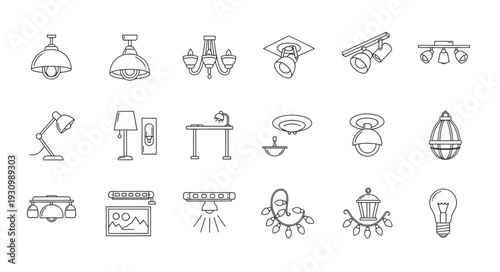 Collection of hand drawn lighting fixtures and lamps.