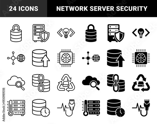 Data infrastructure and network security symbols featuring hybrid designs of database cylinders with locks shields clocks and cloud computing magnifying glass elements