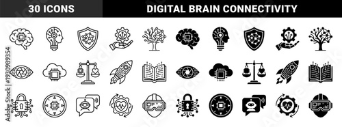 Artificial intelligence hybrid symbols merging circuit board patterns with human brain anatomy robotic vision and ethical balance scales for technology