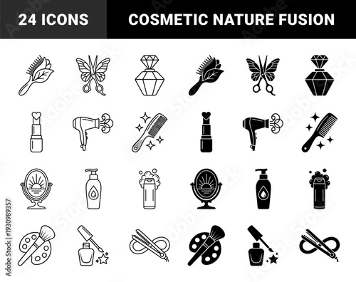 Collection of hybrid beauty icons merging cosmetic tools with organic elements such as floral leaves butterfly wings sun rays and lotus petals in dual stroke and solid styles