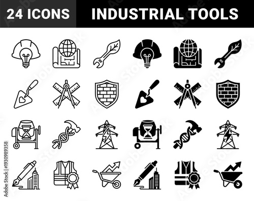 Construction and engineering hybrid icons featuring conceptual mergers of architecture tools with nature energy and industrial growth symbols in dual styles