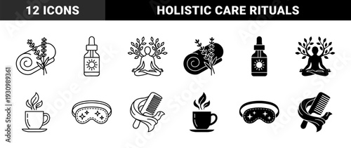 Wellness and self care hybrid icons featuring lavender towel meditation person sun dropper bottle herbal tea sleep mask and hair comb