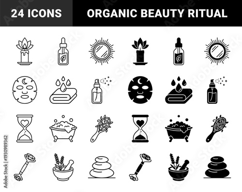 Skincare and holistic wellness symbols featuring hybrid botanical elements with dual line and solid styles for organic beauty and spa branding